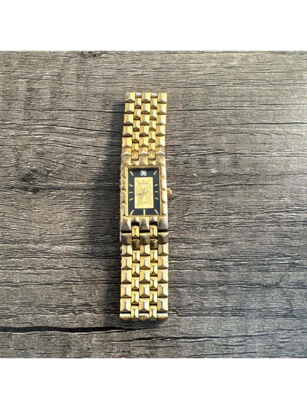 Vintage ELGIN WATCH Women DIAMOND TANK Working Gold Tone